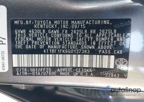 2016 Toyota Camry Se z USA, uszkodzony, nr VIN 4T1BF1FK6GU137383